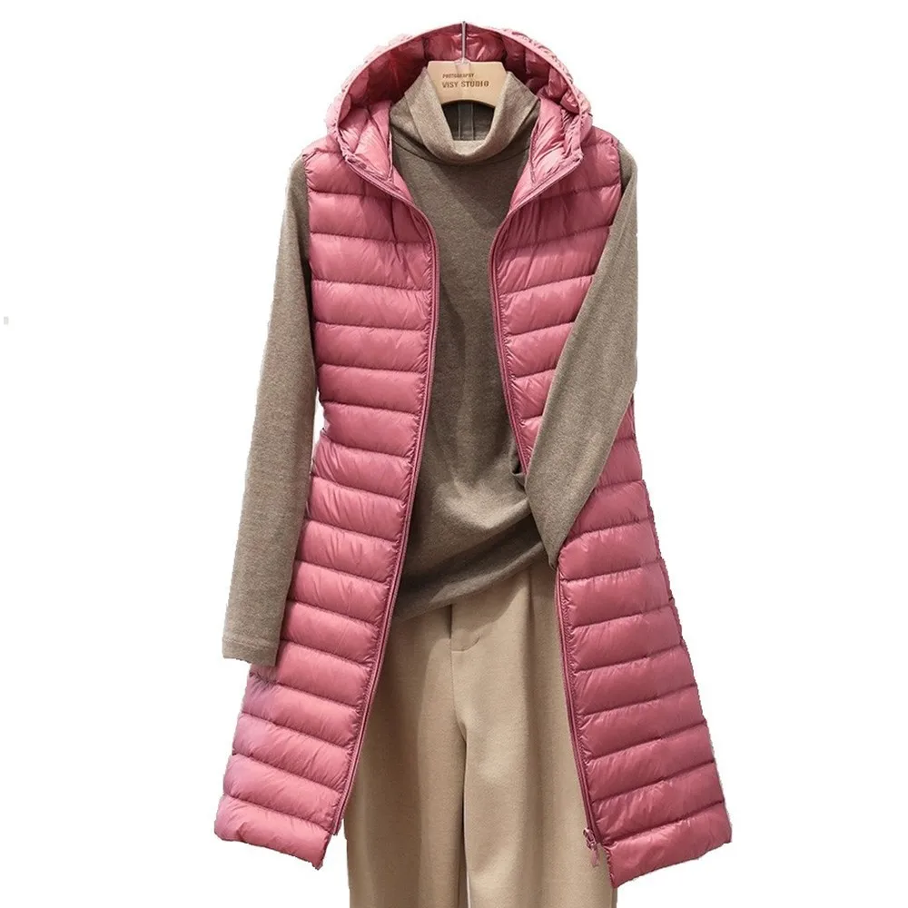 Ladies Medium and Long Style Pure Color Hooded Light down Cotton Vest Jacket Autumn and Winter Slim Sleeveless Women Parkas Vest
