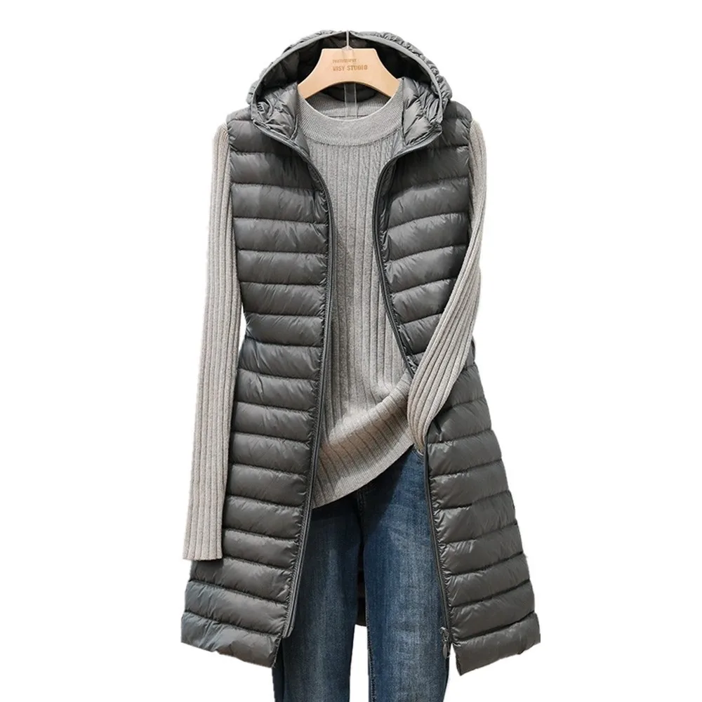 Ladies Medium and Long Style Pure Color Hooded Light down Cotton Vest Jacket Autumn and Winter Slim Sleeveless Women Parkas Vest