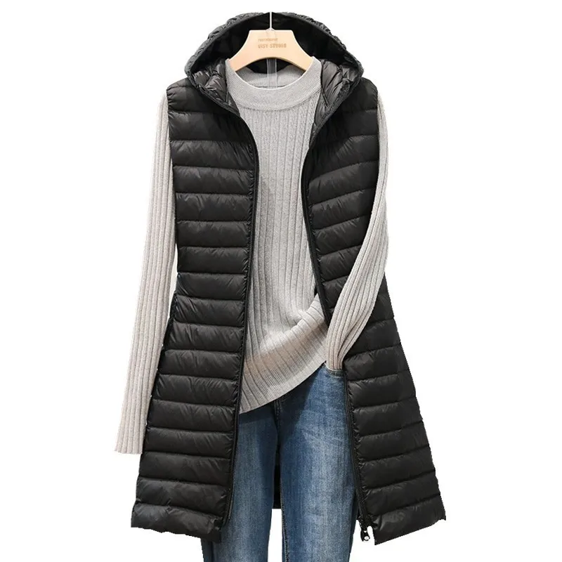 Ladies Medium and Long Style Pure Color Hooded Light down Cotton Vest Jacket Autumn and Winter Slim Sleeveless Women Parkas Vest