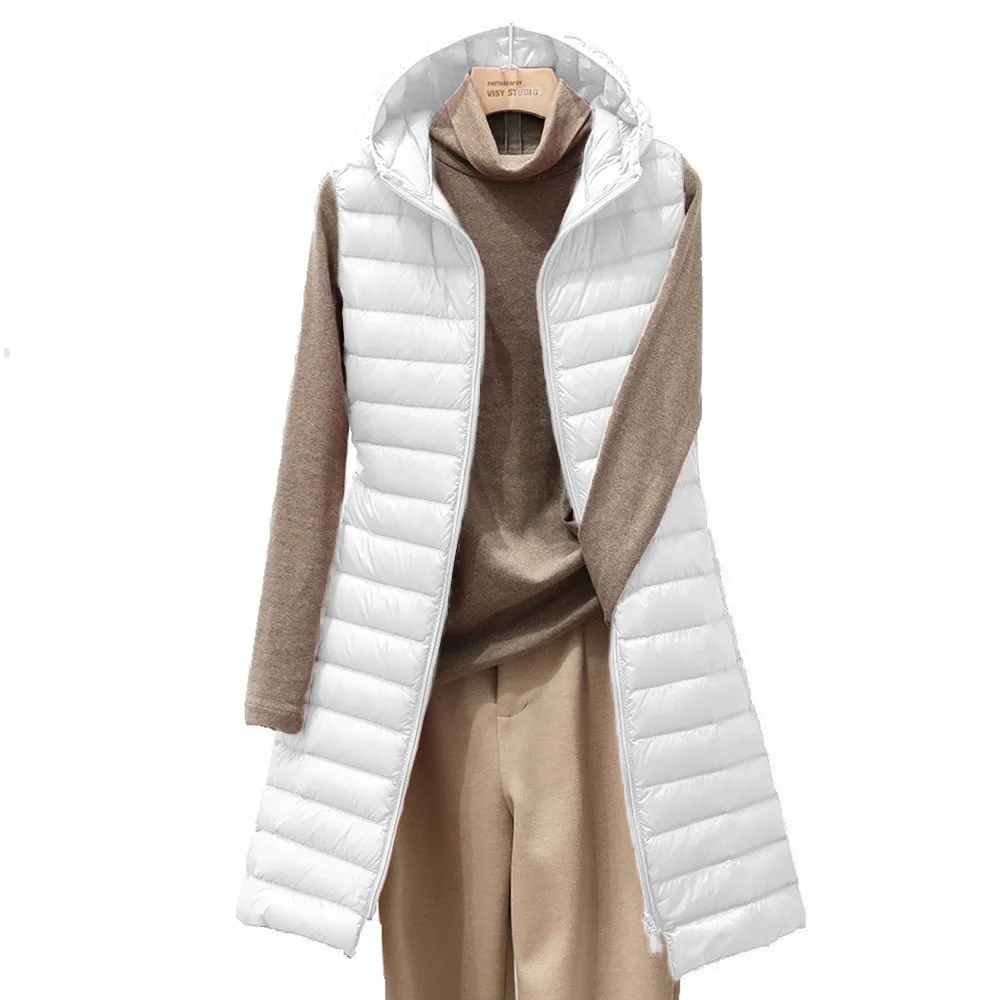 Ladies Medium and Long Style Pure Color Hooded Light down Cotton Vest Jacket Autumn and Winter Slim Sleeveless Women Parkas Vest