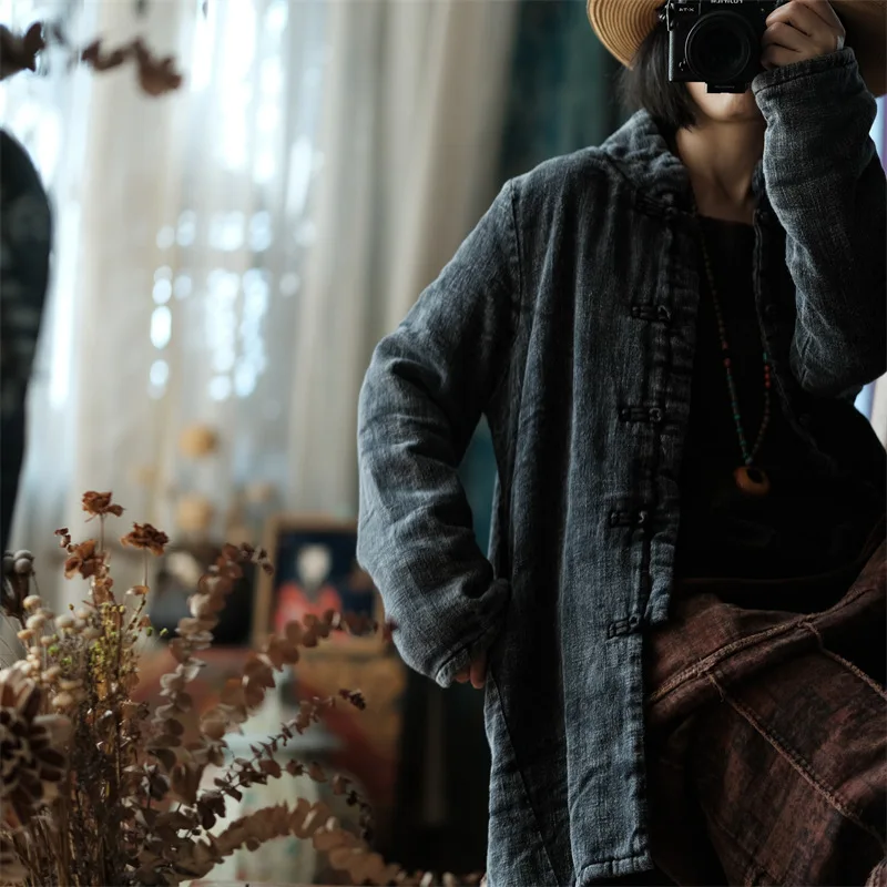 Johnature Women Vintage Cotton Linen Parkas Stand Long Sleeve Winter Coat Button 2025 New Plus Cotton Chinese Style Women Parkas