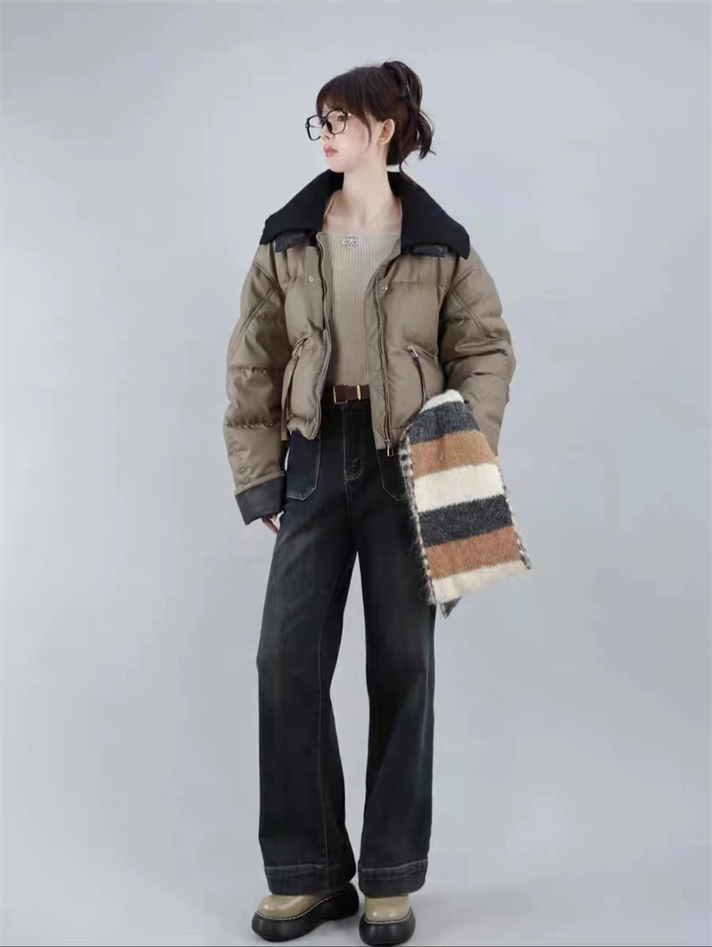 Women Coffee Parkas Jacket Thicken Warm Long Sleeve Turtleneck Padded Coat Vintage Overcoat Streetwear 2000s Clothes Winter 2024