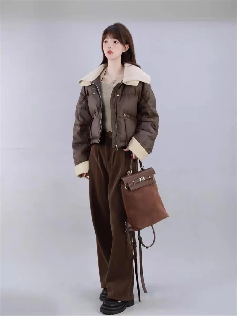 Women Coffee Parkas Jacket Thicken Warm Long Sleeve Turtleneck Padded Coat Vintage Overcoat Streetwear 2000s Clothes Winter 2024
