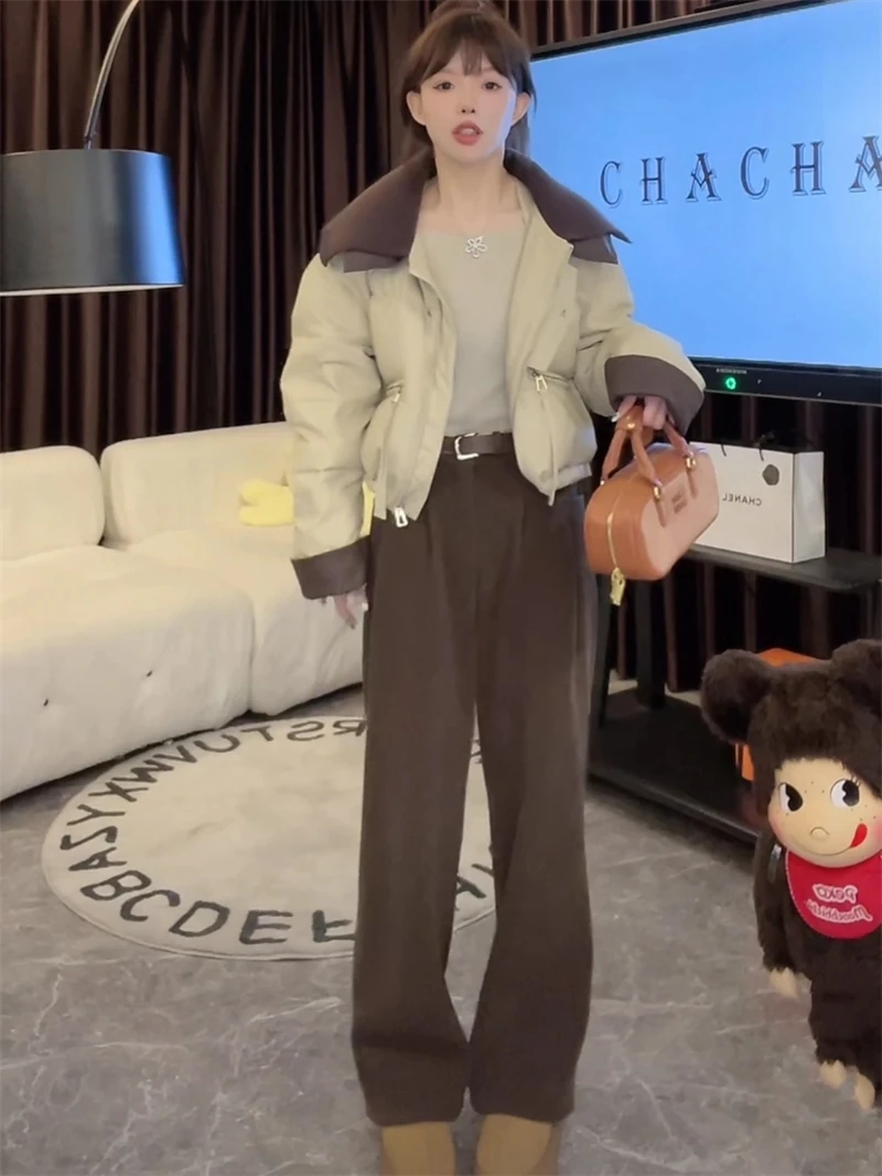 Women Coffee Parkas Jacket Thicken Warm Long Sleeve Turtleneck Padded Coat Vintage Overcoat Streetwear 2000s Clothes Winter 2024