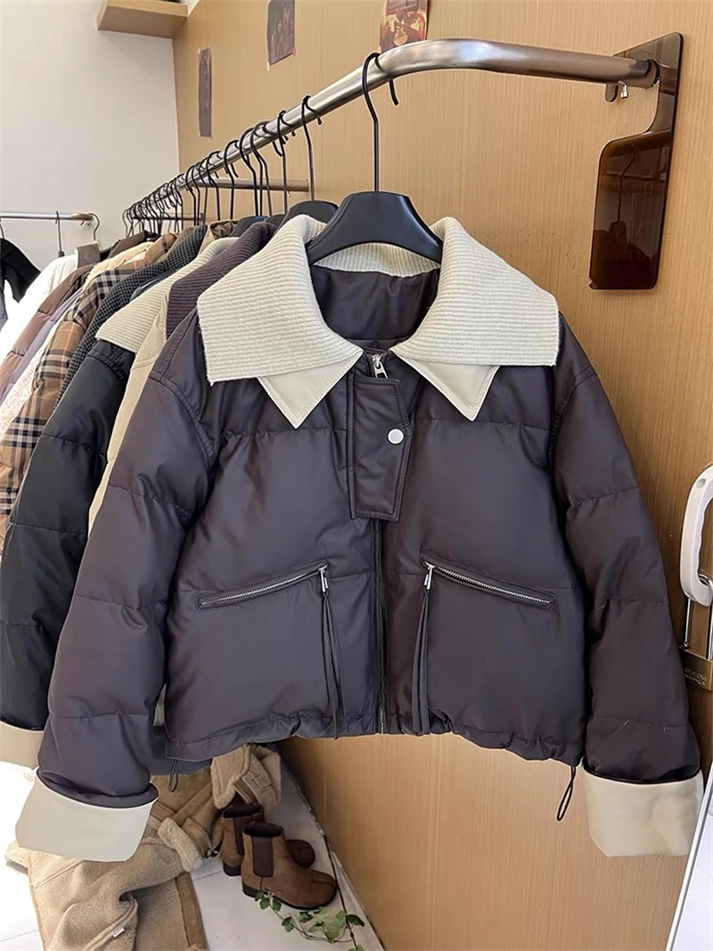 Women Coffee Parkas Jacket Thicken Warm Long Sleeve Turtleneck Padded Coat Vintage Overcoat Streetwear 2000s Clothes Winter 2024
