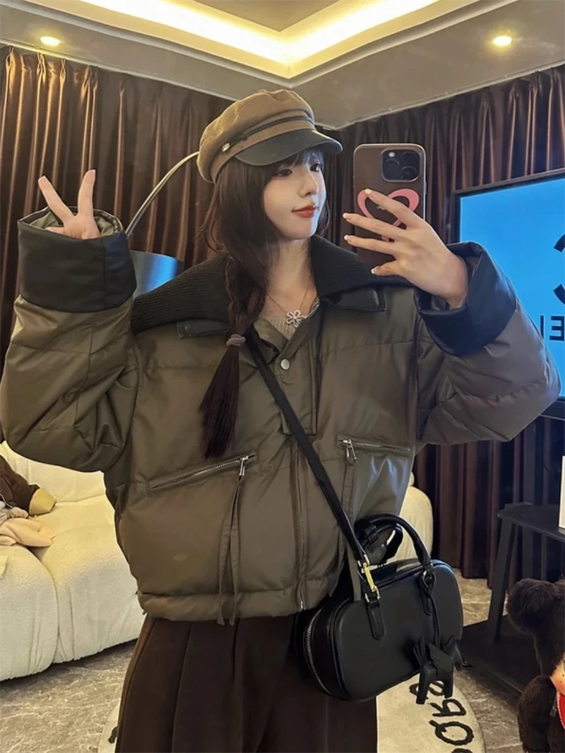 Women Coffee Parkas Jacket Thicken Warm Long Sleeve Turtleneck Padded Coat Vintage Overcoat Streetwear 2000s Clothes Winter 2024