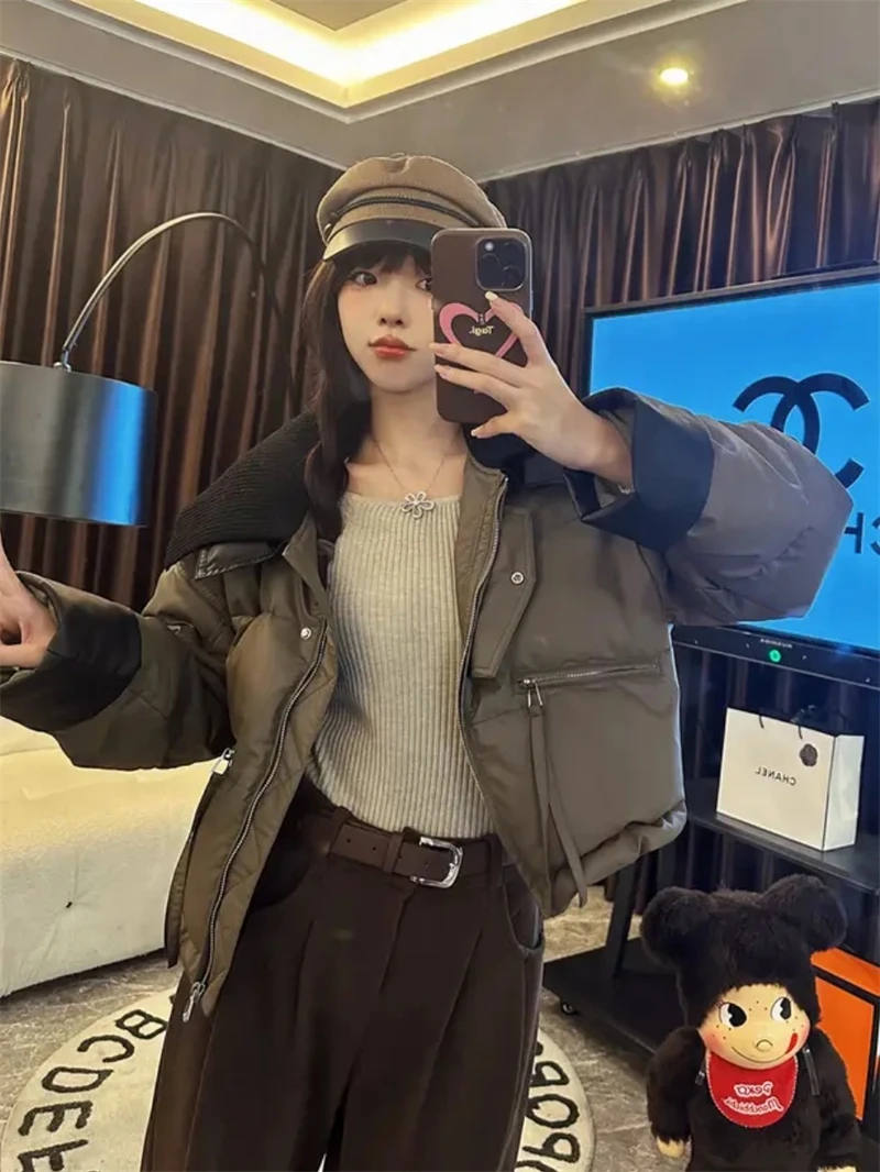 Women Coffee Parkas Jacket Thicken Warm Long Sleeve Turtleneck Padded Coat Vintage Overcoat Streetwear 2000s Clothes Winter 2024