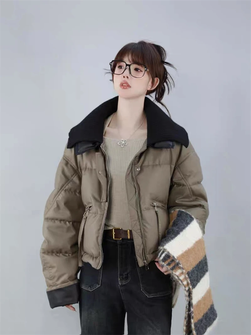 Women Coffee Parkas Jacket Thicken Warm Long Sleeve Turtleneck Padded Coat Vintage Overcoat Streetwear 2000s Clothes Winter 2024