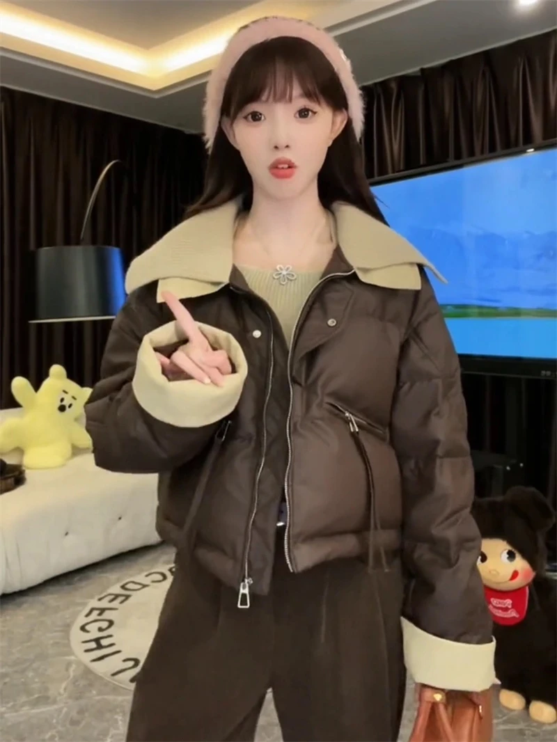 Women Coffee Parkas Jacket Thicken Warm Long Sleeve Turtleneck Padded Coat Vintage Overcoat Streetwear 2000s Clothes Winter 2024