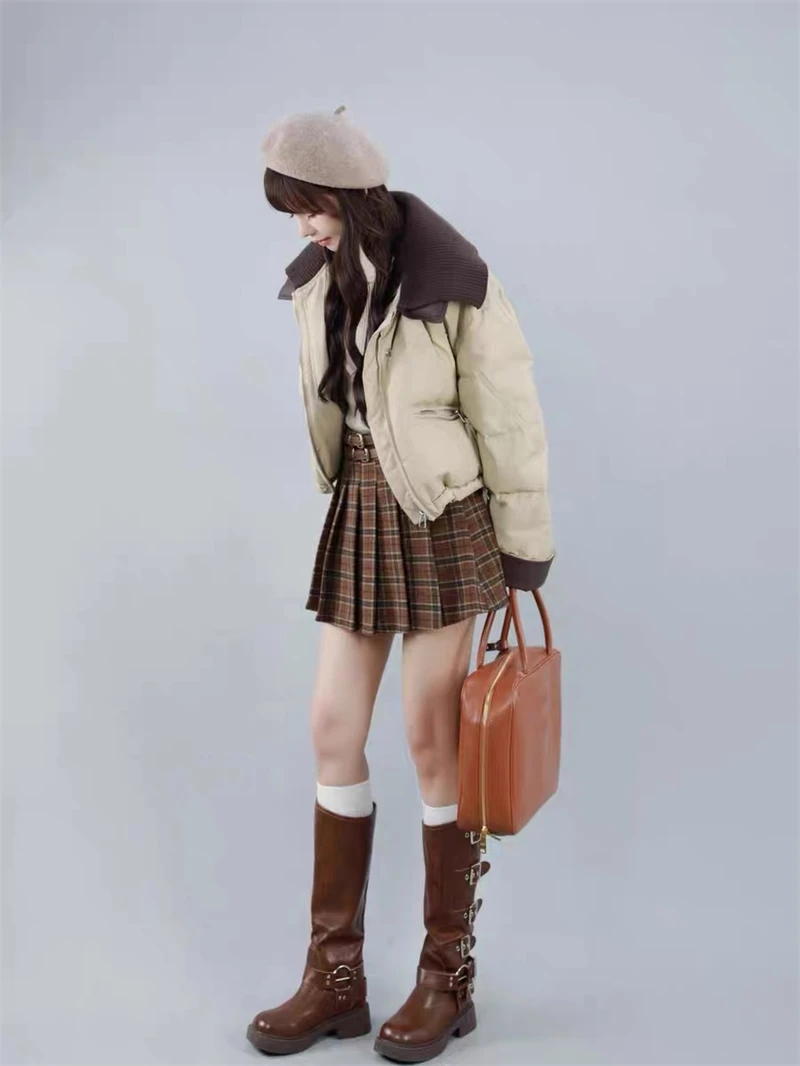 Women Coffee Parkas Jacket Thicken Warm Long Sleeve Turtleneck Padded Coat Vintage Overcoat Streetwear 2000s Clothes Winter 2024