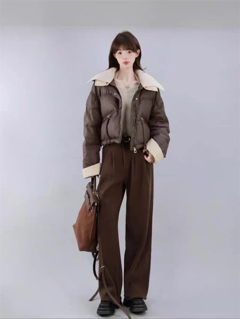 Women Coffee Parkas Jacket Thicken Warm Long Sleeve Turtleneck Padded Coat Vintage Overcoat Streetwear 2000s Clothes Winter 2024