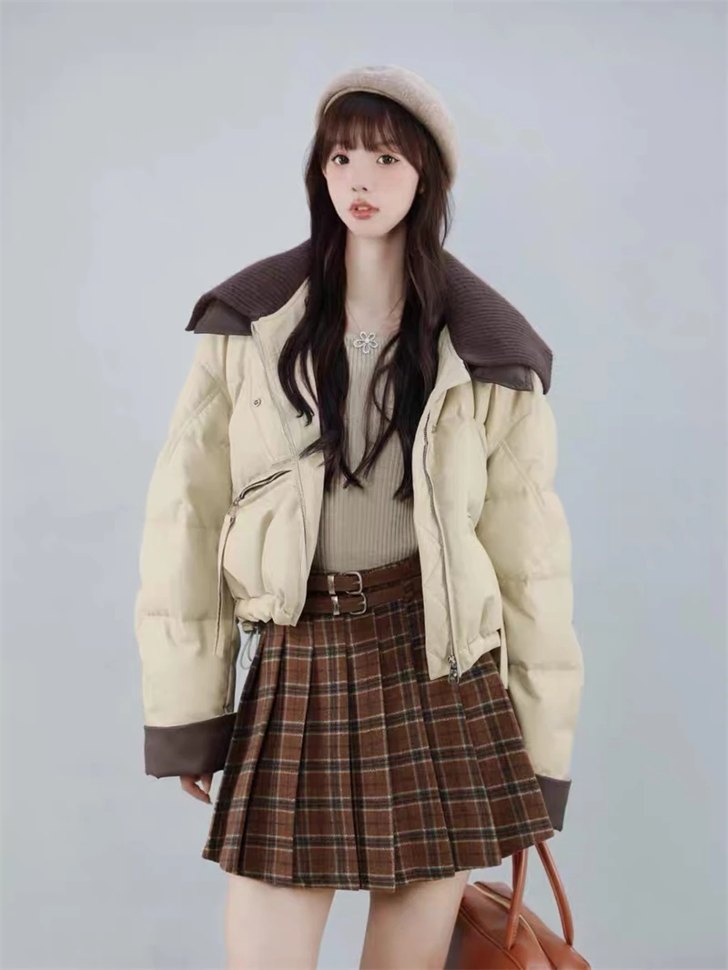 Women Coffee Parkas Jacket Thicken Warm Long Sleeve Turtleneck Padded Coat Vintage Overcoat Streetwear 2000s Clothes Winter 2024