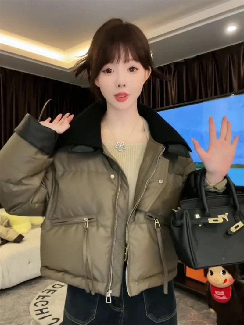 Women Coffee Parkas Jacket Thicken Warm Long Sleeve Turtleneck Padded Coat Vintage Overcoat Streetwear 2000s Clothes Winter 2024