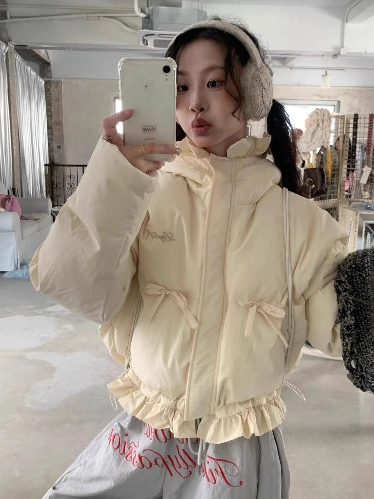 2024 New Pleated Autumn Winter Parkas Korean Sweet Bow Appliques Fashion Popular Y2k Aesthetic Coats Harajuku Girl Clothes