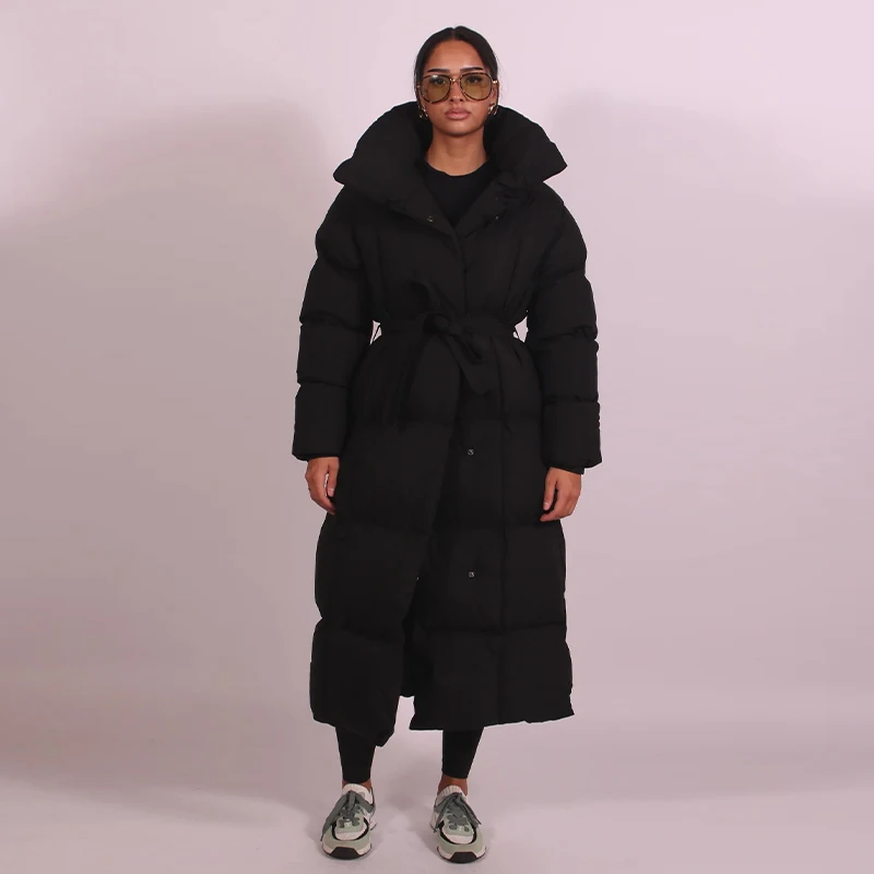 Warm Women's Puffy Quilted Hooded Long Cotton Coat Loose Solid Stand Collar Lace Up Zipper Overcoats 2026 Winter Lady Outwear