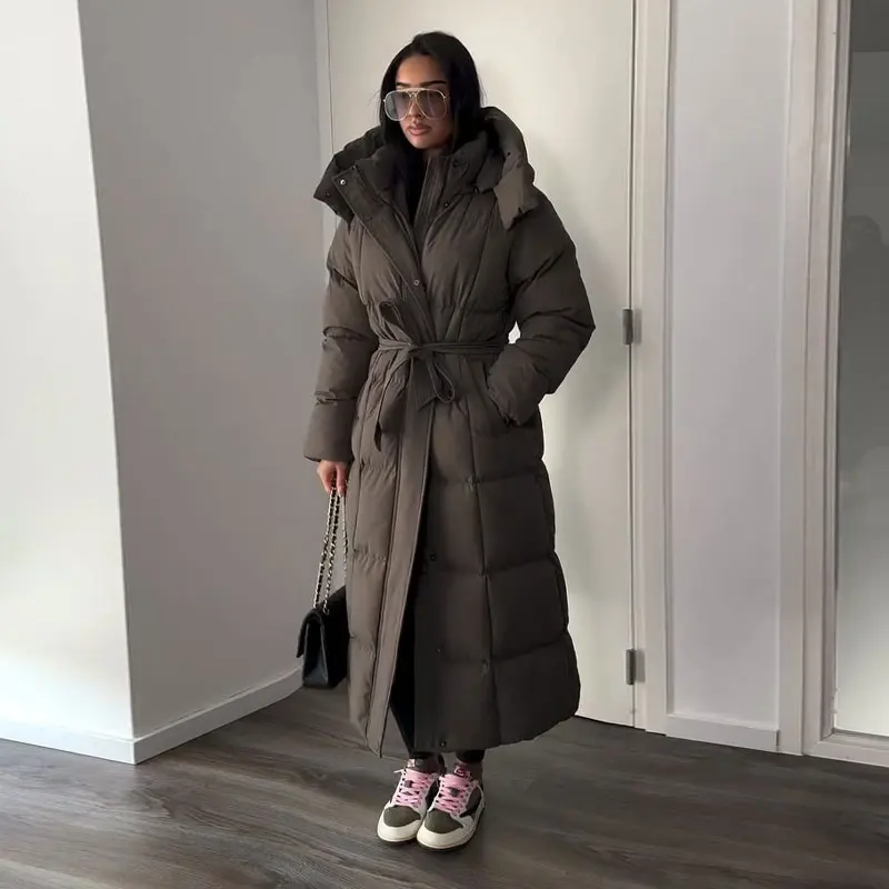 Warm Women's Puffy Quilted Hooded Long Cotton Coat Loose Solid Stand Collar Lace Up Zipper Overcoats 2026 Winter Lady Outwear