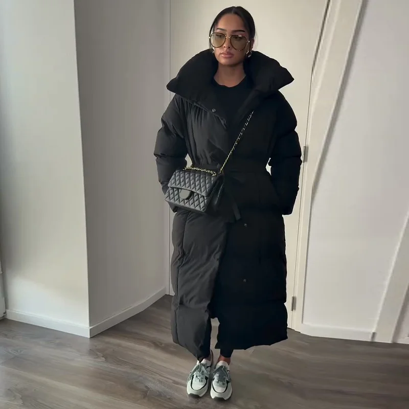 Warm Women's Puffy Quilted Hooded Long Cotton Coat Loose Solid Stand Collar Lace Up Zipper Overcoats 2026 Winter Lady Outwear