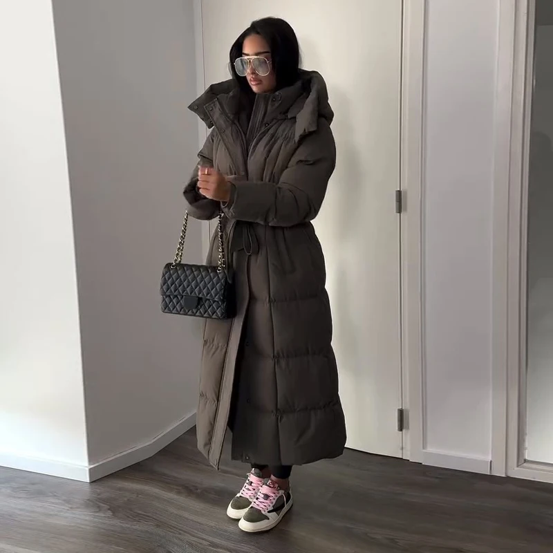 Warm Women's Puffy Quilted Hooded Long Cotton Coat Loose Solid Stand Collar Lace Up Zipper Overcoats 2026 Winter Lady Outwear