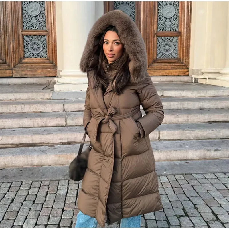 Warm Women's Puffy Quilted Hooded Long Cotton Coat Loose Solid Stand Collar Lace Up Zipper Overcoats 2026 Winter Lady Outwear