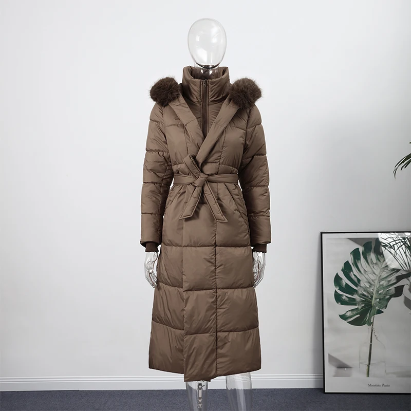Warm Women's Puffy Quilted Hooded Long Cotton Coat Loose Solid Stand Collar Lace Up Zipper Overcoats 2026 Winter Lady Outwear