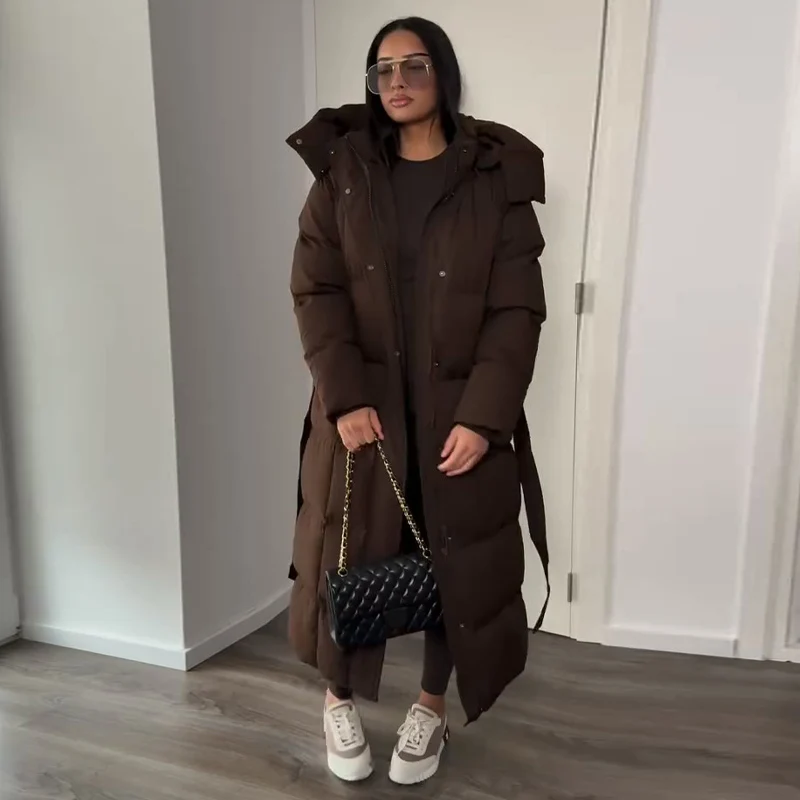 Warm Women's Puffy Quilted Hooded Long Cotton Coat Loose Solid Stand Collar Lace Up Zipper Overcoats 2026 Winter Lady Outwear