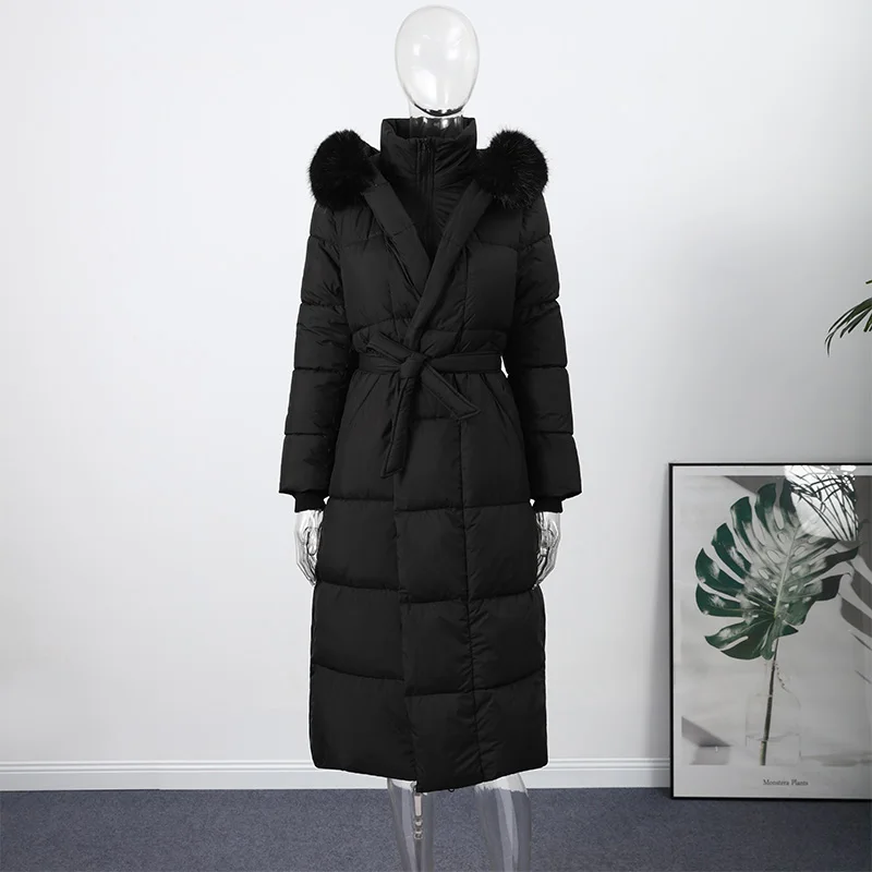 Warm Women's Puffy Quilted Hooded Long Cotton Coat Loose Solid Stand Collar Lace Up Zipper Overcoats 2026 Winter Lady Outwear