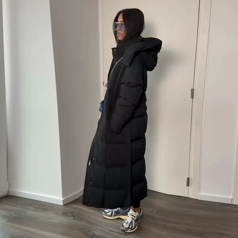 Warm Women's Puffy Quilted Hooded Long Cotton Coat Loose Solid Stand Collar Lace Up Zipper Overcoats 2026 Winter Lady Outwear