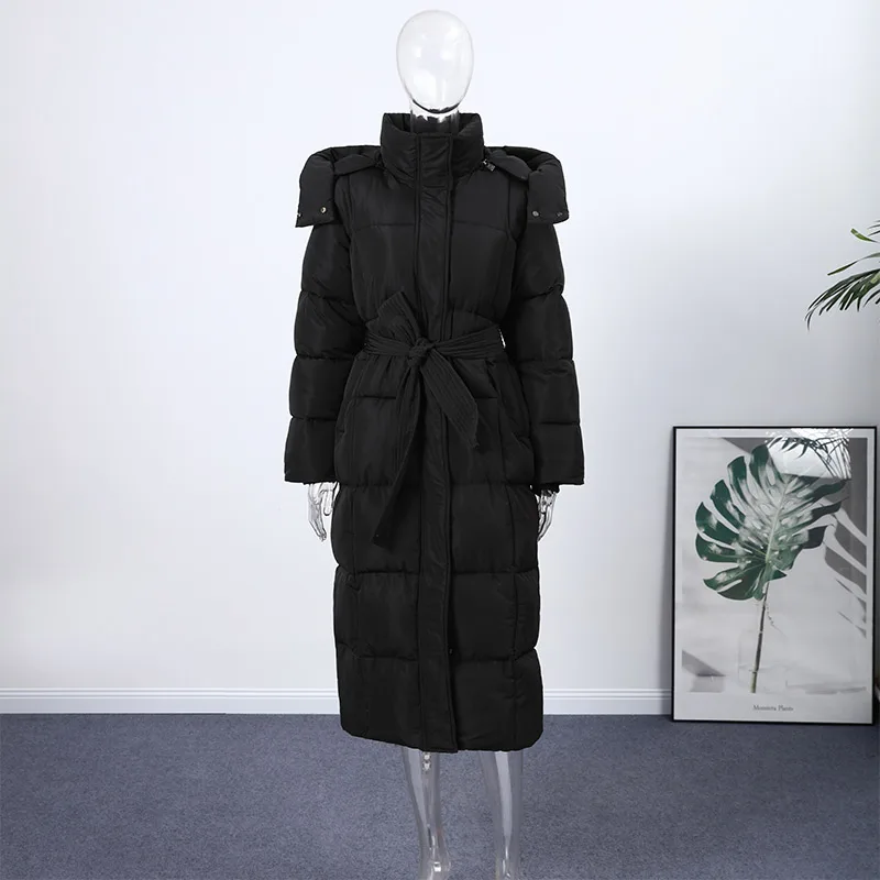 Warm Women's Puffy Quilted Hooded Long Cotton Coat Loose Solid Stand Collar Lace Up Zipper Overcoats 2026 Winter Lady Outwear
