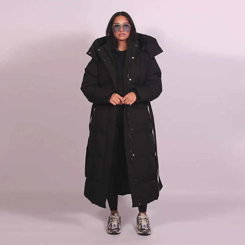 Warm Women's Puffy Quilted Hooded Long Cotton Coat Loose Solid Stand Collar Lace Up Zipper Overcoats 2026 Winter Lady Outwear