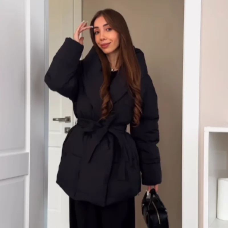 Warm Women's Puffy Quilted Hooded Long Cotton Coat Loose Solid Stand Collar Lace Up Zipper Overcoats 2026 Winter Lady Outwear