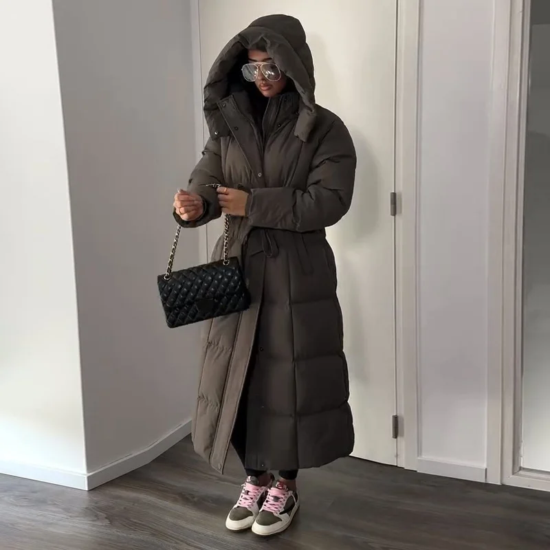 Warm Women's Puffy Quilted Hooded Long Cotton Coat Loose Solid Stand Collar Lace Up Zipper Overcoats 2026 Winter Lady Outwear