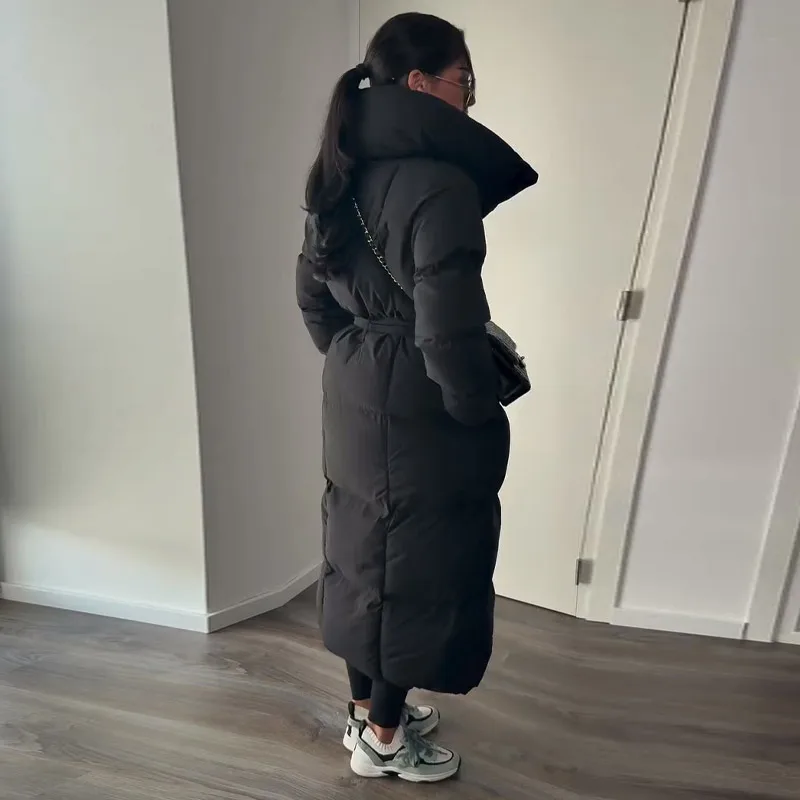 Warm Women's Puffy Quilted Hooded Long Cotton Coat Loose Solid Stand Collar Lace Up Zipper Overcoats 2026 Winter Lady Outwear