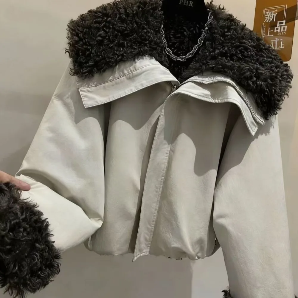 Neploe Moda Europe New Winter Parkas Fur Turn-down Collar Warm Thicked Women Clothing Loose Short Lambswool Minority Crop Tops