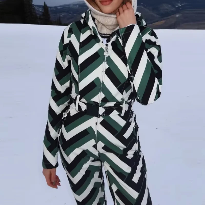 Striped Ski Suit Women Waterproof Stand Collar Hooded Snow Coat Sport Parkas Zipper Jumpsuit 2026 NEW Thick Warm Lady Skiwears