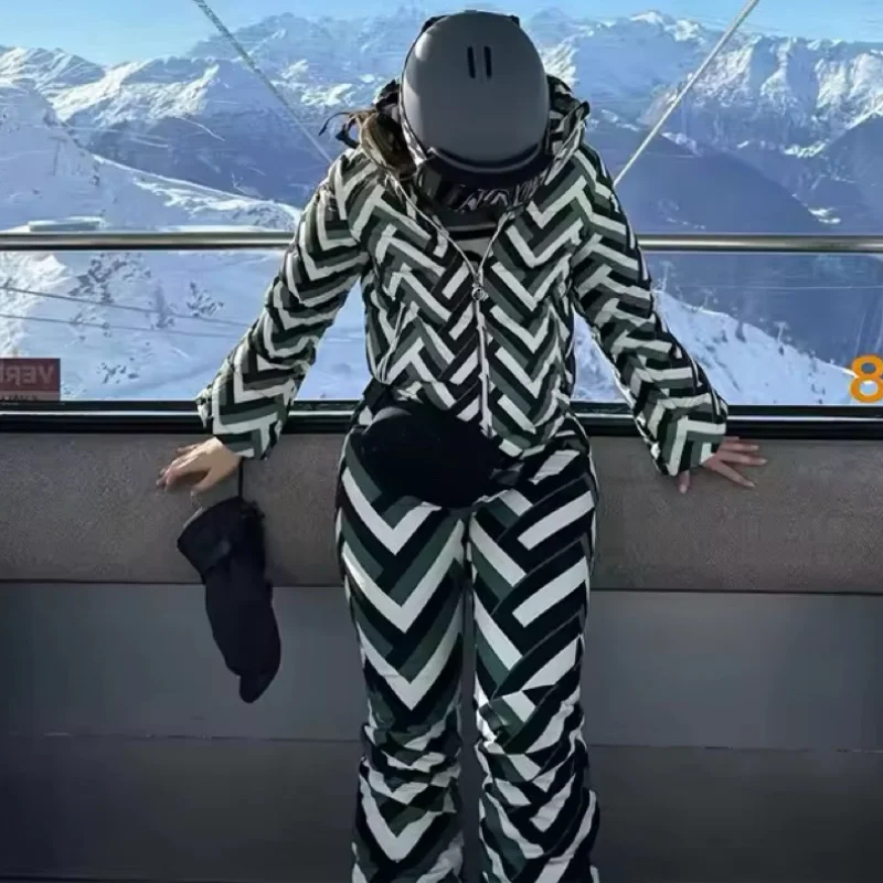 Striped Ski Suit Women Waterproof Stand Collar Hooded Snow Coat Sport Parkas Zipper Jumpsuit 2026 NEW Thick Warm Lady Skiwears