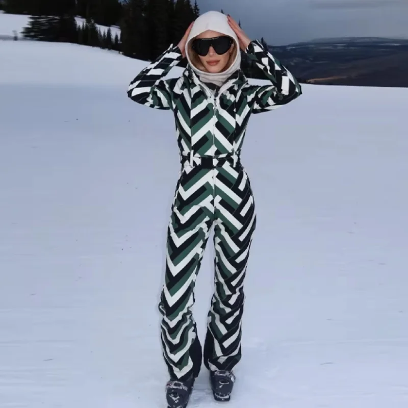 Striped Ski Suit Women Waterproof Stand Collar Hooded Snow Coat Sport Parkas Zipper Jumpsuit 2026 NEW Thick Warm Lady Skiwears