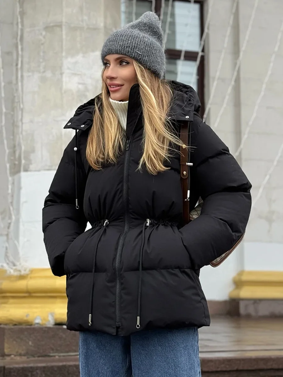 Wolfeel Women's New Winter Hooded Parkas Mid Length Cotton Padded Jacket Drawstring Waist Slimming Outerwear