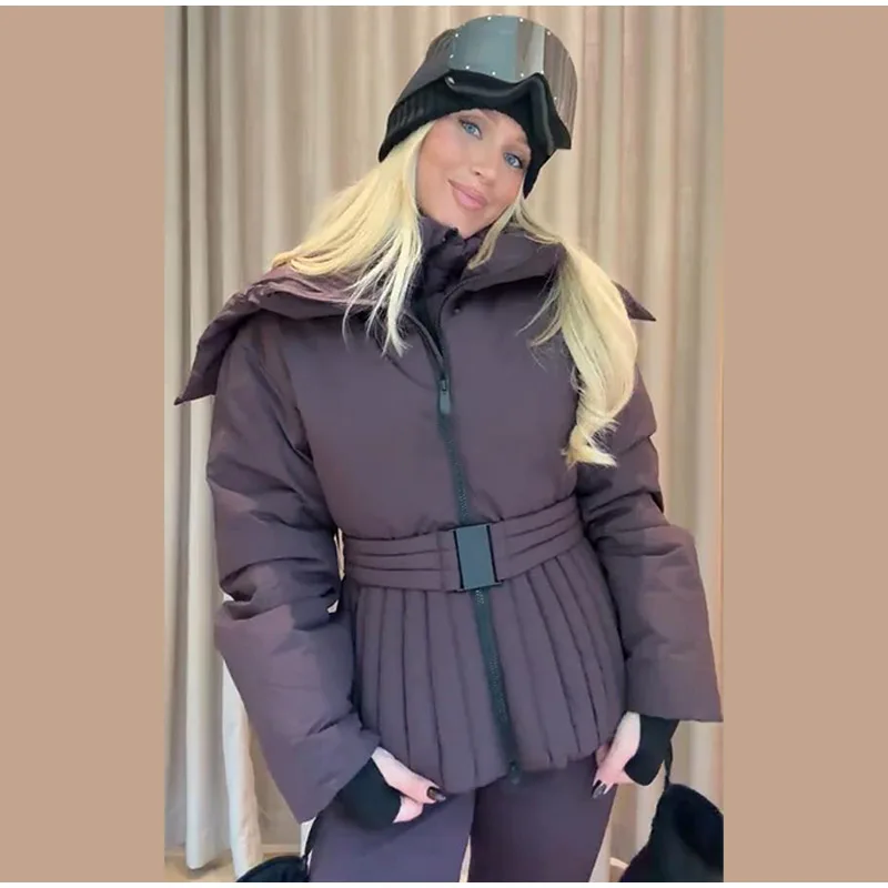 Fashion Cotton Belt Jacket Women Thicken Pleated Long Sleeve Stand Collar Zippers Female Outwear 2026 Winter Lady Ski Coats