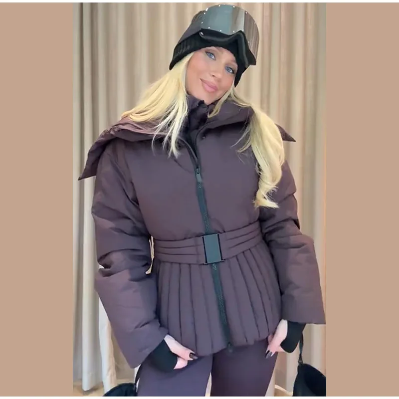 Fashion Cotton Belt Jacket Women Thicken Pleated Long Sleeve Stand Collar Zippers Female Outwear 2026 Winter Lady Ski Coats