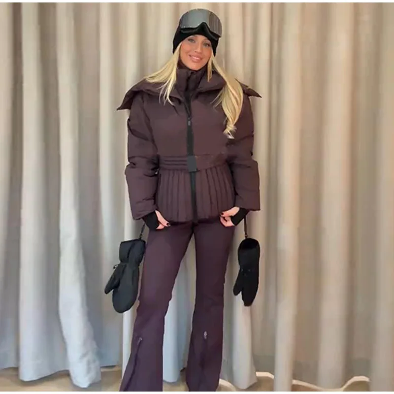 Fashion Cotton Belt Jacket Women Thicken Pleated Long Sleeve Stand Collar Zippers Female Outwear 2026 Winter Lady Ski Coats