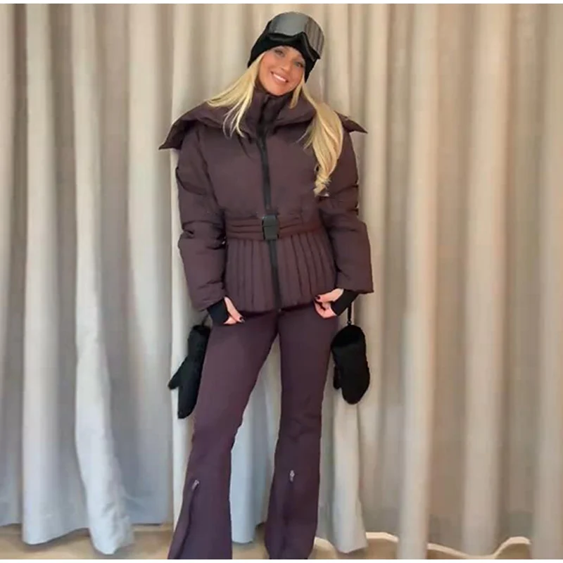 Fashion Cotton Belt Jacket Women Thicken Pleated Long Sleeve Stand Collar Zippers Female Outwear 2026 Winter Lady Ski Coats