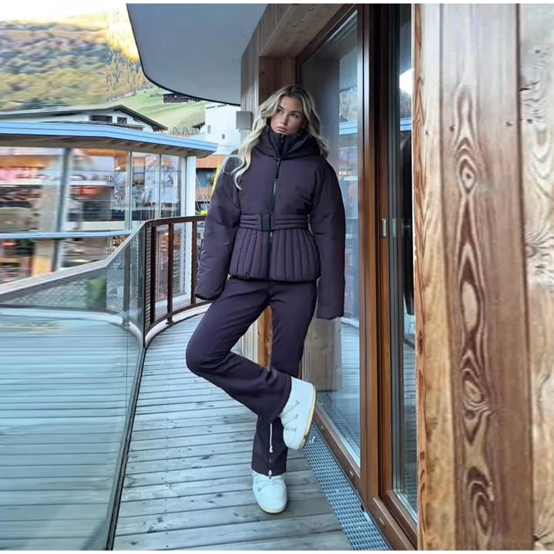 Fashion Cotton Belt Jacket Women Thicken Pleated Long Sleeve Stand Collar Zippers Female Outwear 2026 Winter Lady Ski Coats