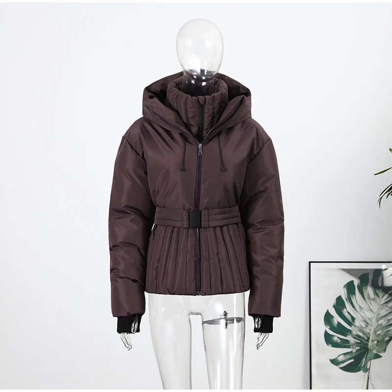 Fashion Cotton Belt Jacket Women Thicken Pleated Long Sleeve Stand Collar Zippers Female Outwear 2026 Winter Lady Ski Coats