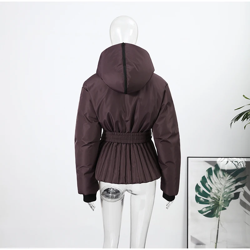 Fashion Cotton Belt Jacket Women Thicken Pleated Long Sleeve Stand Collar Zippers Female Outwear 2026 Winter Lady Ski Coats