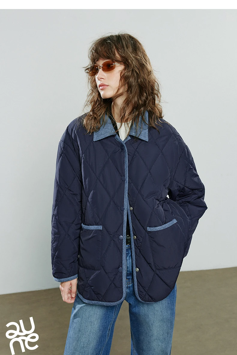 TOYOUTH Women Cotton Coats 2025 Winter NewAsymmetric Contrast Color Spliced Retro Diamond Check Warm Loose Padded Jacket