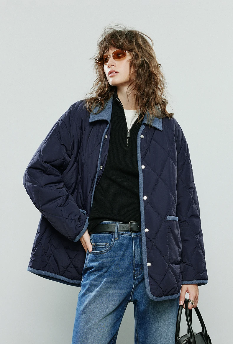 TOYOUTH Women Cotton Coats 2025 Winter NewAsymmetric Contrast Color Spliced Retro Diamond Check Warm Loose Padded Jacket