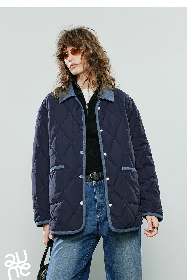 TOYOUTH Women Cotton Coats 2025 Winter NewAsymmetric Contrast Color Spliced Retro Diamond Check Warm Loose Padded Jacket