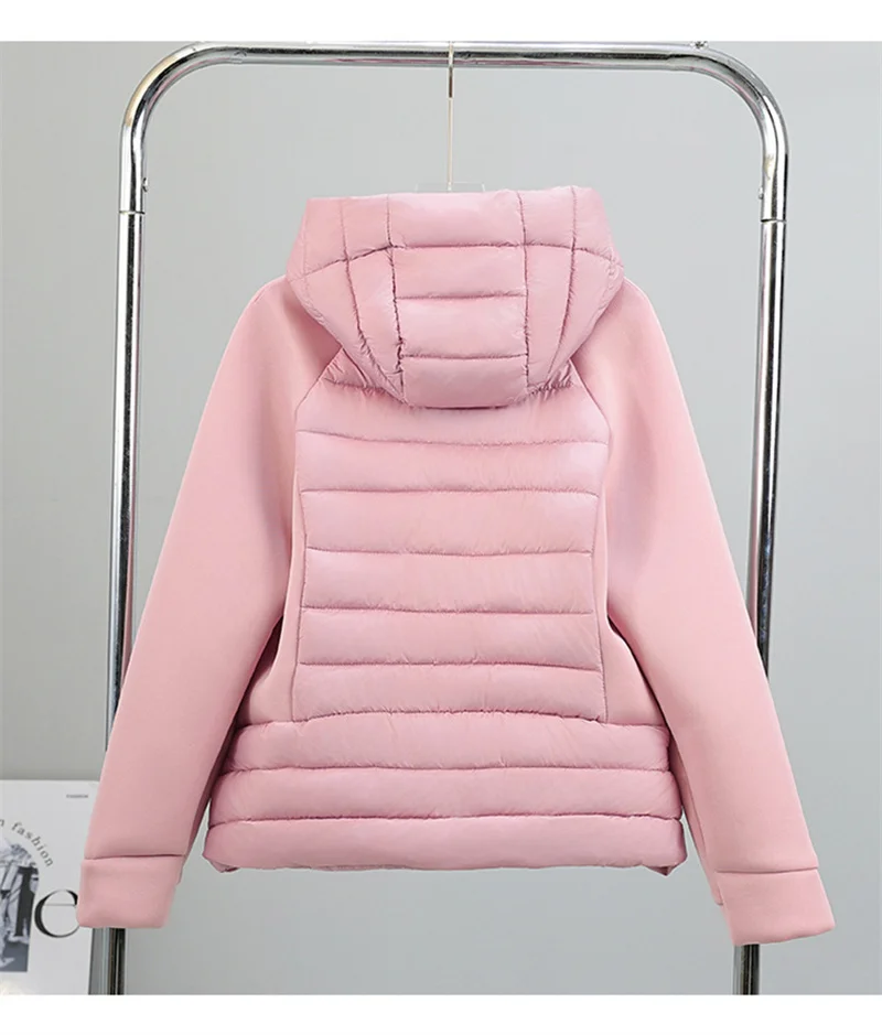 2026 Fashion Patchwork Cotton-padded Coat Women's Short Parka Autumn Winter Hooded Light-thin Spliced Jacket Lady Slim Outerwear
