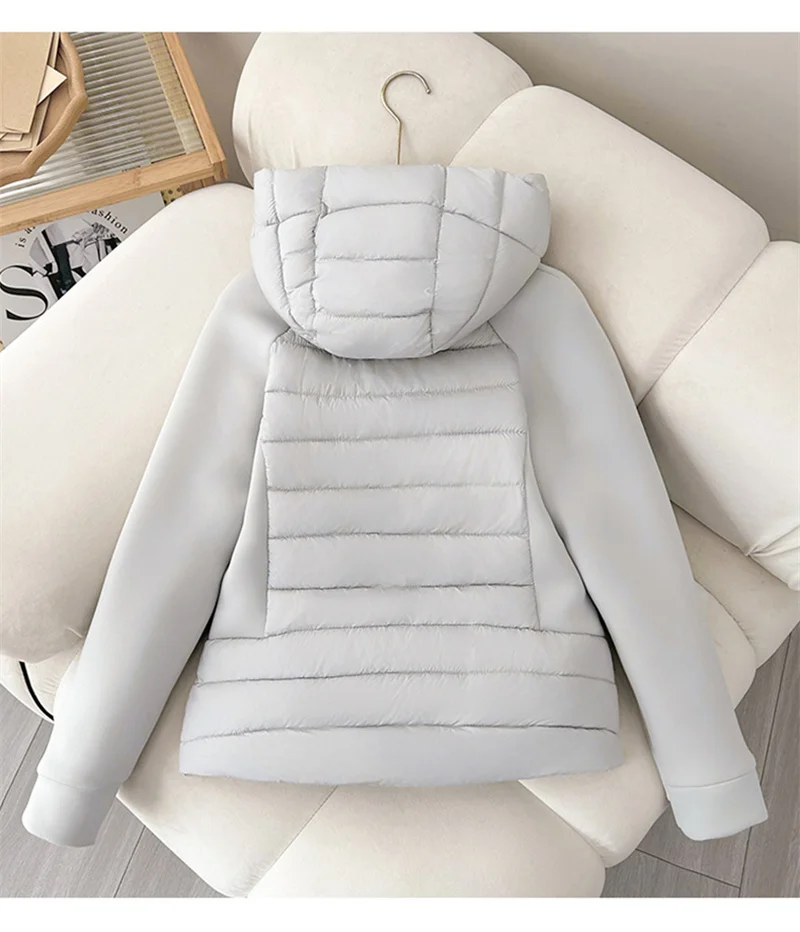 2026 Fashion Patchwork Cotton-padded Coat Women's Short Parka Autumn Winter Hooded Light-thin Spliced Jacket Lady Slim Outerwear