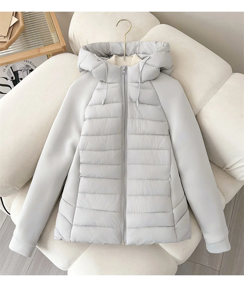 2026 Fashion Patchwork Cotton-padded Coat Women's Short Parka Autumn Winter Hooded Light-thin Spliced Jacket Lady Slim Outerwear